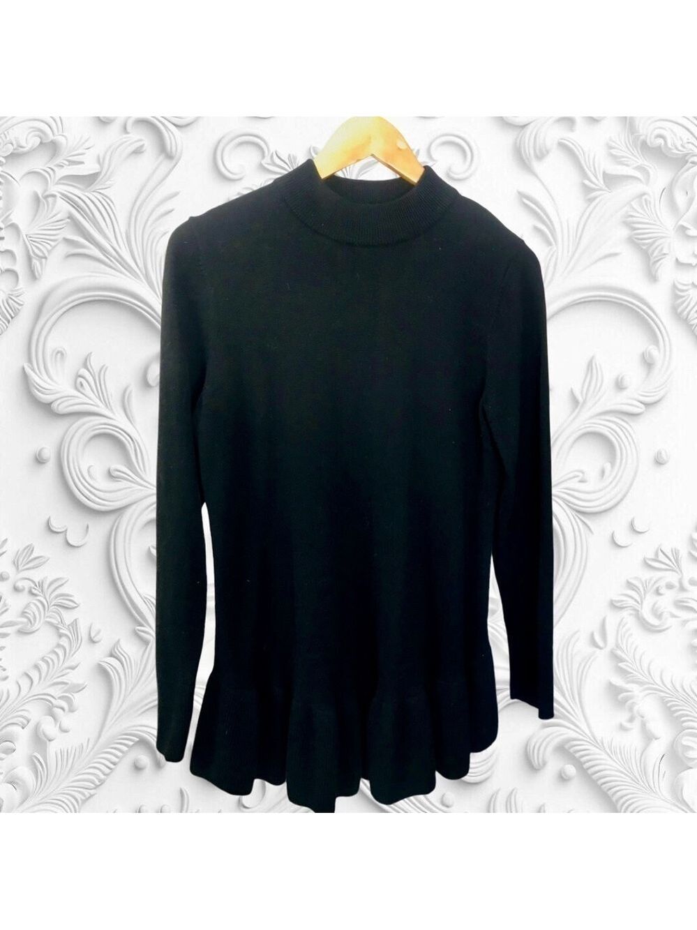 Isaac Mizrahi Live Mock Neck Long Sleeve Black Peplum Top Size Small